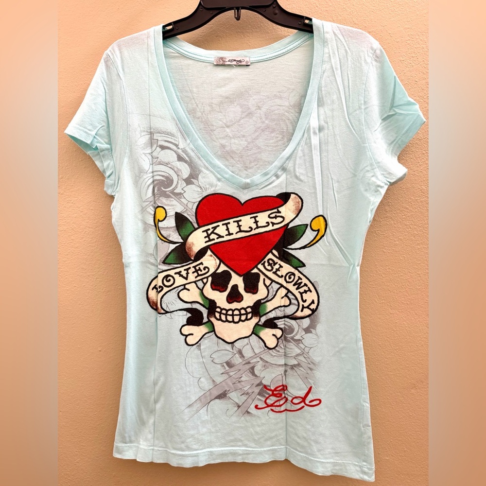 Pre-loved Ed Hardy Cyan Women's Tee 100% Cotton Made in the USA